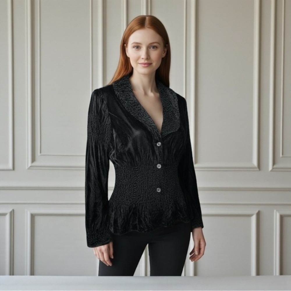 Renee Lamo Black Crushed Velvet Look Smocked Peplum Blazer XL Gothic